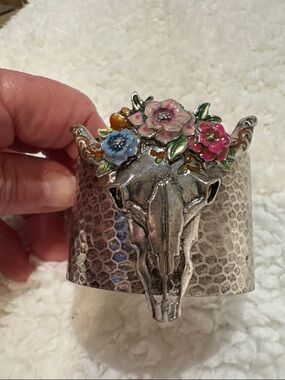 Floral Skull Silver Cuff Bracelet - Pink Blue Flower Accent